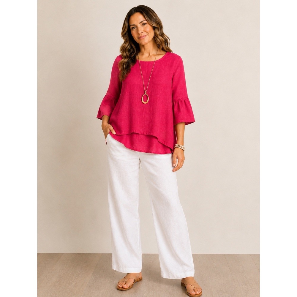 Bryn Walker Linen Top Womens L Red Ruffle Sleeves Lagan